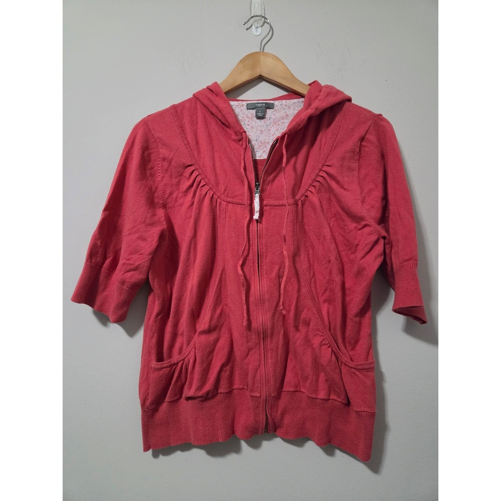 Apt. 9 Womens Coral Pink Short Sleeve Knit Full Zip Hoodie Sweater Floral Size L